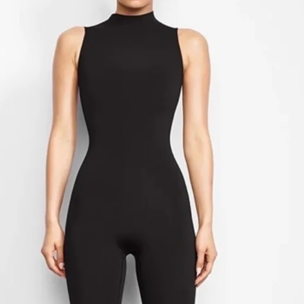 SKIMS Kim Kardashian ALL-IN-ONE Mock Neck Sleeveless One-Piece , Onyx Medium
